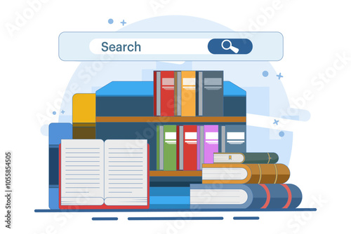 online library concept, Media book library, Female character reading book, Online bookstore, Reader app, Education, Digital bookshelf, Graduate online school. Flat vector illustration.