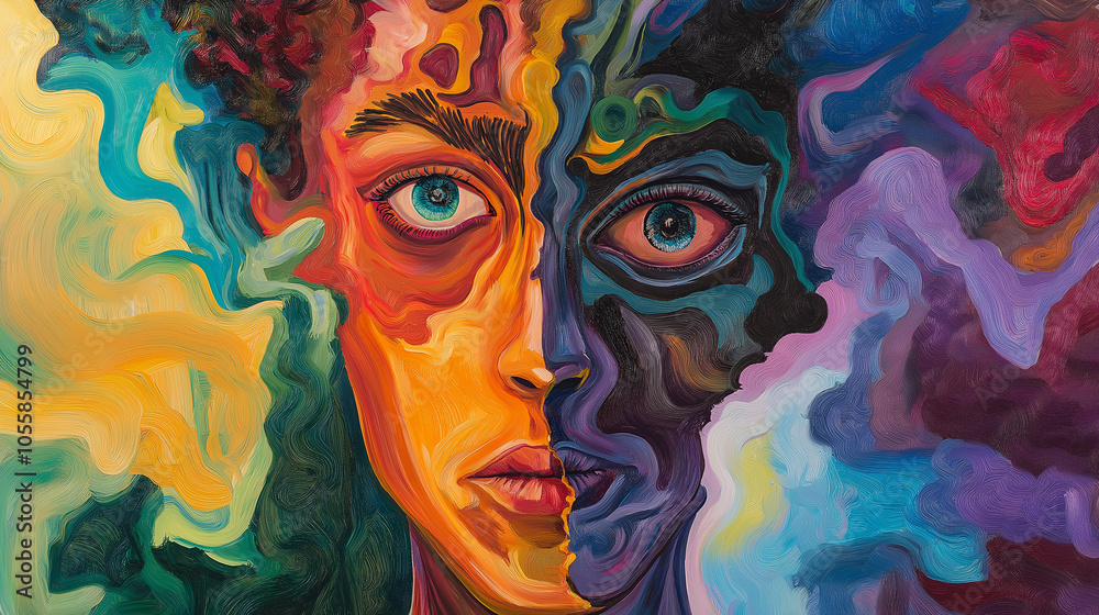 Fototapeta premium A human fragmented face representing hallucinations and reality. schizophrenia, personality disorder concepts.