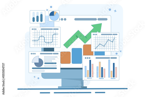 Performance monitoring concept. Research results and data analysis. Dashboard displaying growth data and statistical graphs. Device with financial reports on the screen. Flat vector illustration.