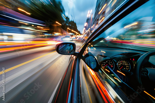 car speeds down highway at night, city lights blurring in the distance photo