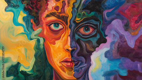 A human fragmented face representing hallucinations and reality. schizophrenia, personality disorder concepts. photo