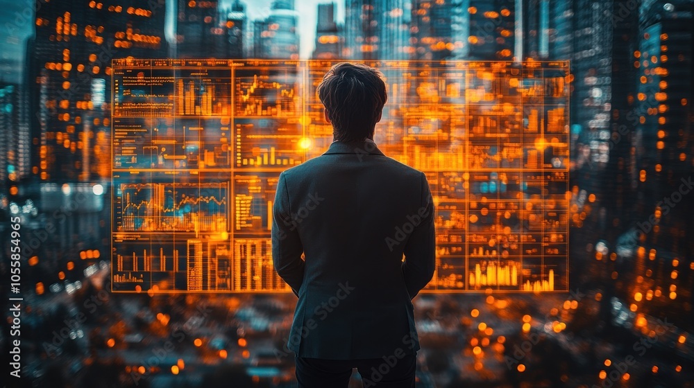 A person analyzing data in a futuristic cityscape. A person analyzing data in a futuristic cityscape.