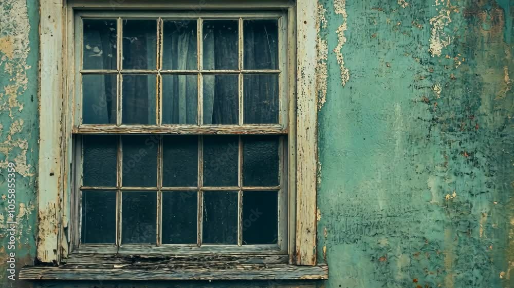 A weathered window with a white frame is set into a wall of peeling green paint A weathered window with a white frame is set into a wall of peeling green paint