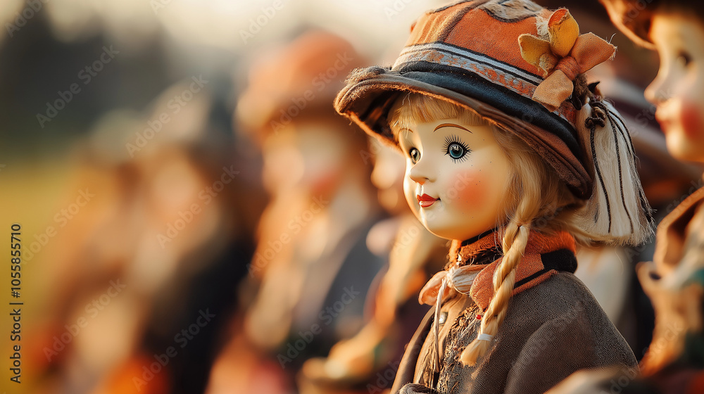 Obraz premium A porcelain doll with blonde hair and a hat, puppet theatre background.