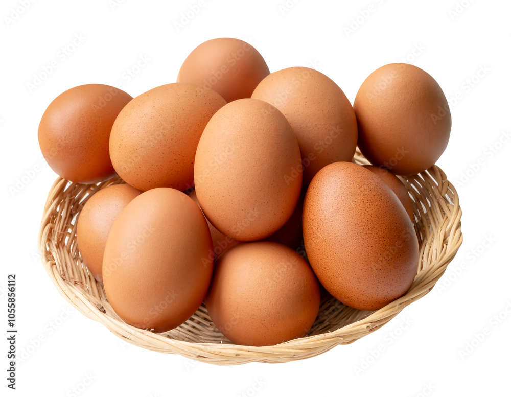 Top view of group of fresh brown chicken eggs in stack in wicker basket isolated on white background with clipping path Top view of group of fresh brown chicken eggs in stack in wicker basket isolated on white background with clipping path