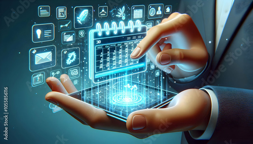 3D Close Up Hands Scrolling Futuristic Virtual Calendar Macro Shot Business Meeting Tech-Driven Collaboration Time Management Glowing Background Copy Space Icon Isolated White