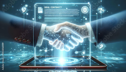 3D Close Up Hands Shaking Digital Contract Holographic Screen Macro Shot Professionals Trust Partnership Modern Technology Business
