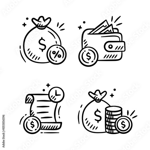 Finance business icon set. Hand drawn cartoon doodle icon illustration of dollar coins, wallet, bills and moneys concept. Business outline stroke icon collection.