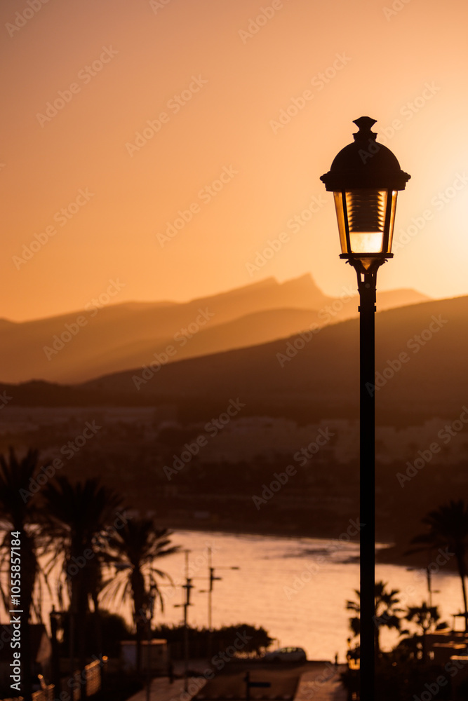 Street Lamps Overlooking Beach at Sunset in Fuerteventura. Street Lamps Overlooking Beach at Sunset in Fuerteventura.