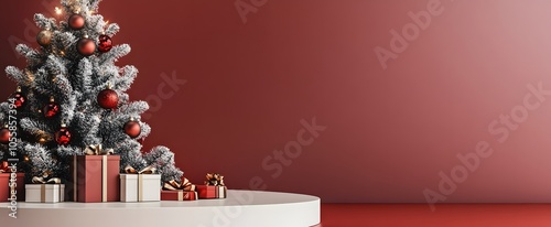 Christmas scene for showcasing cosmetic products. plinth for product demonstration on a red festive background.  photo