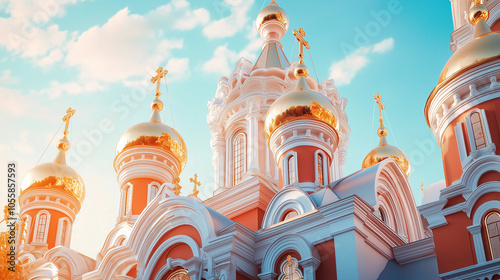 A Russian Orthodox church with golden domes and intricate details against a bright blue sky.