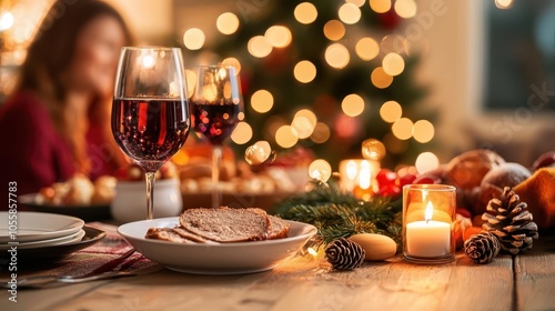 A family gathered around a simple meal, sharing what little they have, a single Christmas candle lighting the table