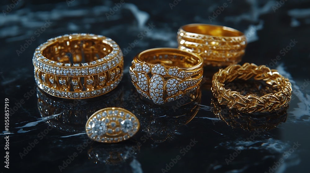 Gold jewelry with diamonds arranged artistically on a black marble surface Gold jewelry with diamonds arranged artistically on a black marble surface
