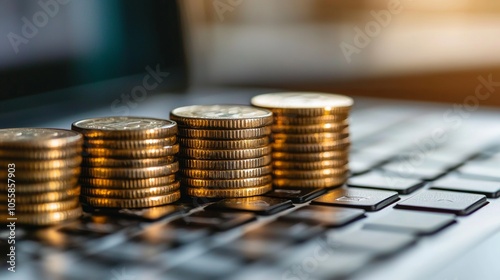 Stacks of gold coins on a laptop keyboard