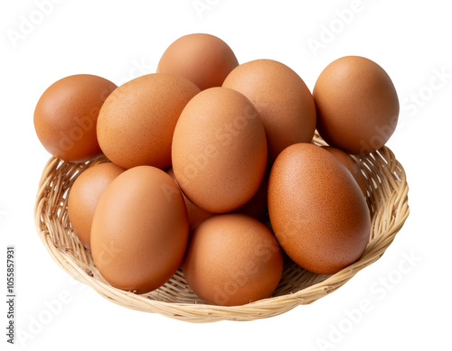 Wallpaper Mural Top view of group of fresh brown chicken eggs in stack in wicker basket isolated with clipping path in png file format Torontodigital.ca
