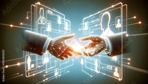 3D Close-Up Virtual Business Cards Exchange Hands Glowing Interface Macro Shot Professionals Networking Connection Modern Business Relationships Icon Isolated White Background