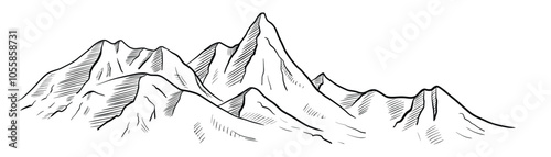 Mountain Range vector illustration. Linear drawing in Black and White Ink of hills for travel and cartography design. Etching of rocks painted in line art style. Etch of relief landscape with peak.