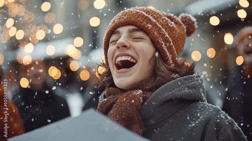 A group of carolers bundled up and singing in a snowy street, festive lights glowing around them A group of carolers bundled up and singing in a snowy street, festive lights glowing around them