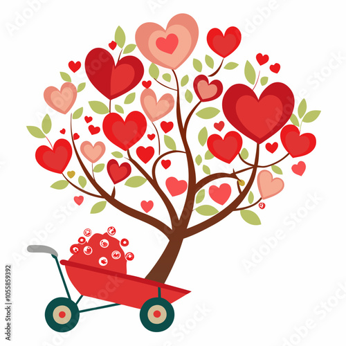 Heart tree wheel barrow with gift and heart flower vector illustration