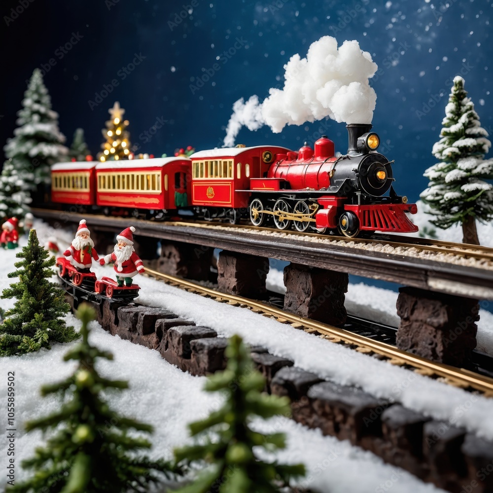 A miniature Christmas train chugs through a tiny festive forest, surrounded by charming trees, creating a warm and delightful holiday atmosphere
