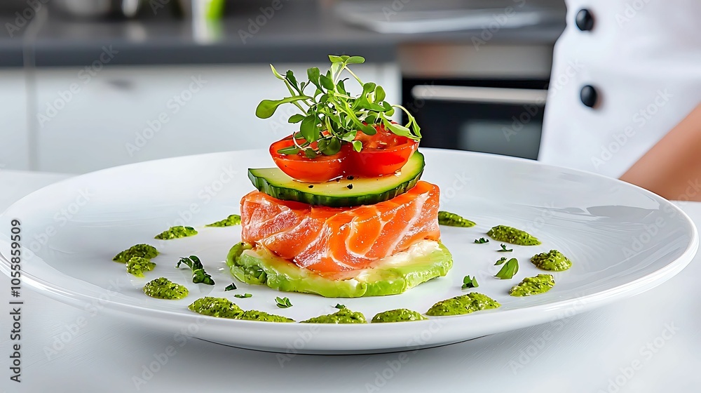 A culinary masterpiece elegant salmon stack with fresh vegetables and herbal garnish for a gourmet dining experience A culinary masterpiece elegant salmon stack with fresh vegetables and herbal garnish for a gourmet dining experience