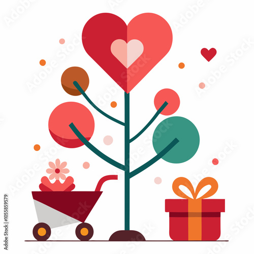 Heart tree wheel barrow with gift and heart flower vector illustration