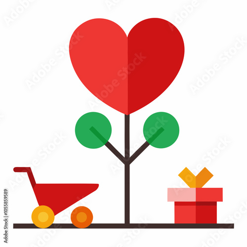 Heart tree wheel barrow with gift and heart flower vector illustration