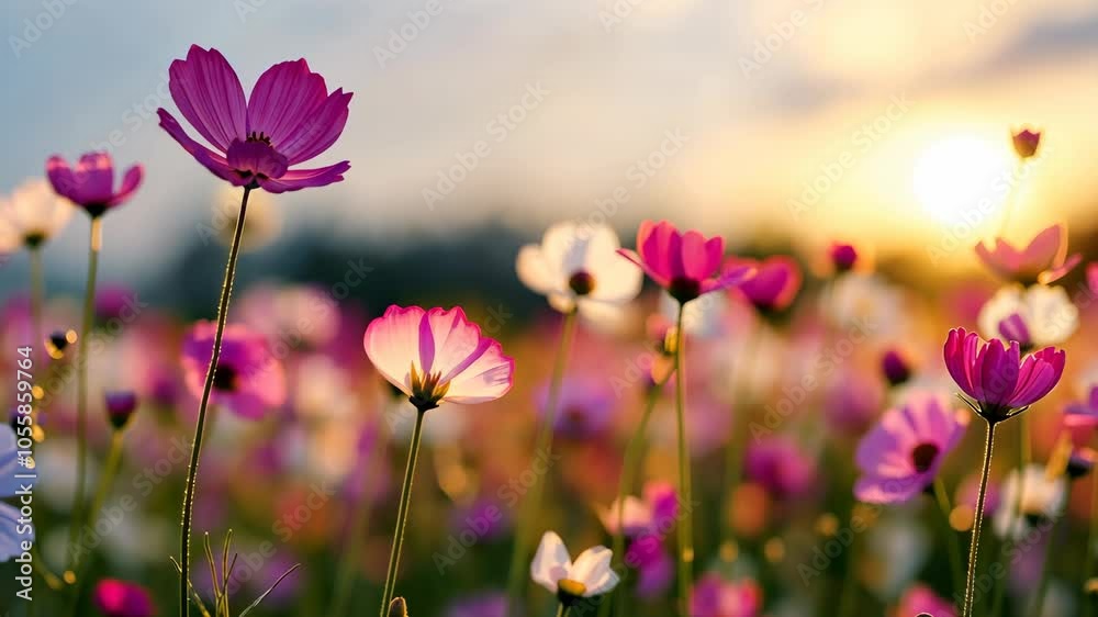 Beautiful Pink and White Wildflowers in Sunlit Meadow Landscape with Soft Focus and Warm Tones During Sunrise or Sunset with Blooming Season Theme Beautiful Pink and White Wildflowers in Sunlit Meadow Landscape with Soft Focus and Warm Tones During Sunrise or Sunset with Blooming Season Theme