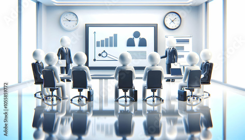 3D Colleagues Presenting New Business Project Glossy Office Setting - Professional Team Collaboration in Well Lit Office Environment with Ample Copy Space for Promotional Content