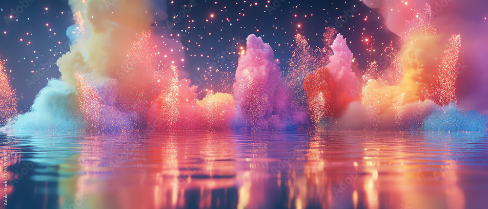 Fototapeta premium Vibrant firecracker explosions over the river a colorful reflection of celebration and joy in the night sky
