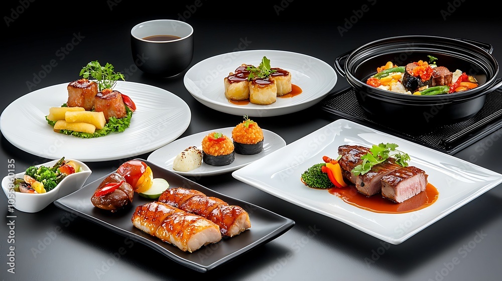 Exquisite culinary delights a stunning array of gourmet dishes featuring sushi grilled meats and vibrant vegetables perfect for food enthusiasts Exquisite culinary delights a stunning array of gourmet dishes featuring sushi grilled meats and vibrant vegetables perfect for food enthusiasts