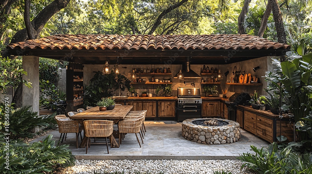 Naklejka premium Rustic Outdoor Kitchen with Fire Pit and Dining Area
