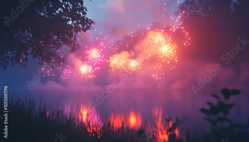 Vibrant fireworks illuminate the foggy night sky in a colorful display by the water's edge