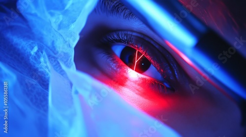 A close-up shot of a patient's eye during a laser eye surgery procedure, focused on the cornea with a red laser beam intersecting, creating an x-shape.