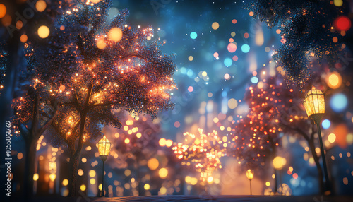 A vibrant celebration firecrackers illuminate colorful trees in a enchanting night scene