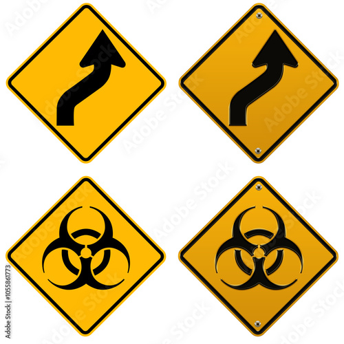 set of warning signs curve and hazard