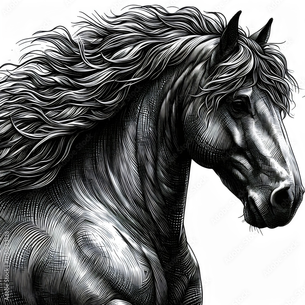 Black and white portrait of a horse with a wavy mane. Sketch, drawing. Black and white portrait of a horse with a wavy mane. Sketch, drawing.