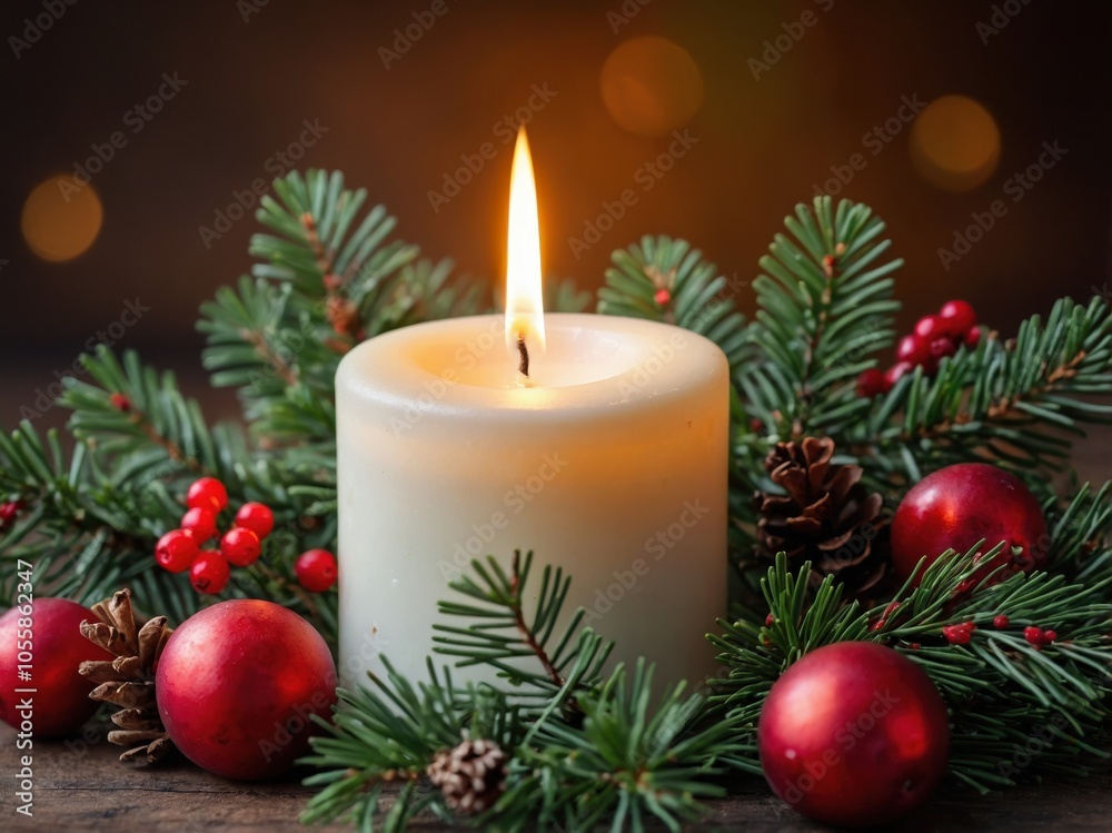 A festive candle nestled in pine branches and red berries, evoking cozy holiday warmth and natural winter charm A festive candle nestled in pine branches and red berries, evoking cozy holiday warmth and natural winter charm