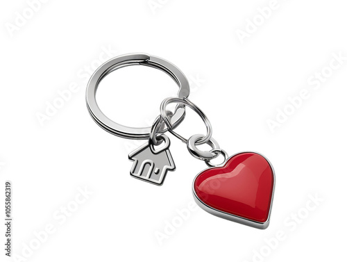 House and heart keychain on transparent background, symbolizing love, real estate, homeownership, Valentine's Day 14 February, property promotions, housing sales, romantic holiday marketing photo