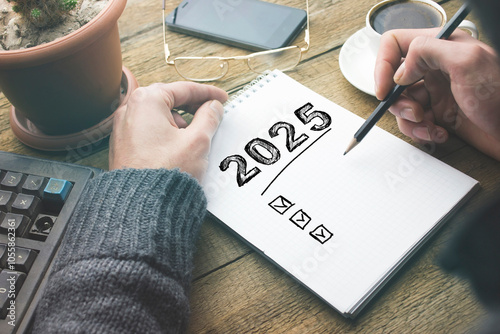 New year resolutions 2025 on desk. 2025 goals list