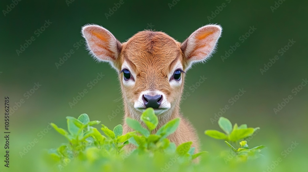 Cute Baby Deer Fawn Close Up Portrait with Green Grass Background Cute Baby Deer Fawn Close Up Portrait with Green Grass Background