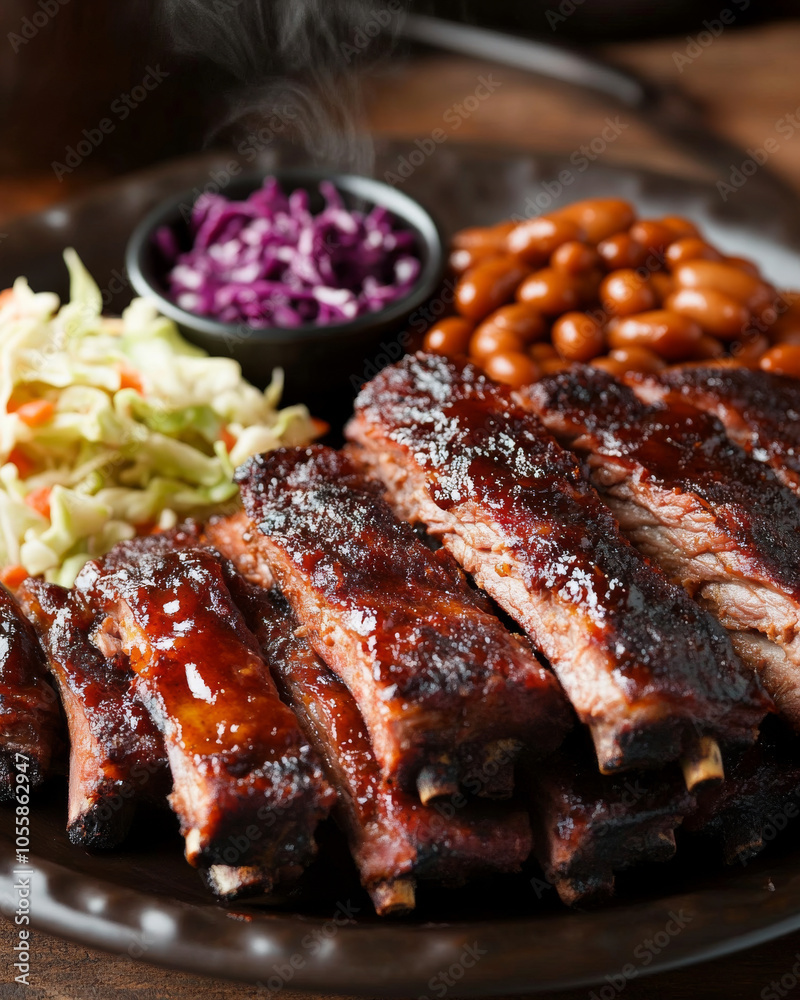 A steaming plate of traditional Georgia barbecue with ribs, coleslaw, and baked beans, ready to be served. A steaming plate of traditional Georgia barbecue with ribs, coleslaw, and baked beans, ready to be served.