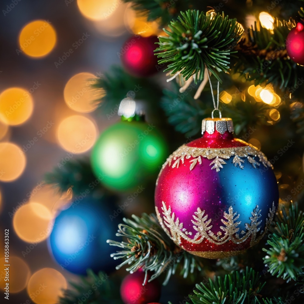 A vibrant Christmas ornament hanging on a beautifully decorated tree, reflecting festive lights and capturing the joyful spirit of the holiday season