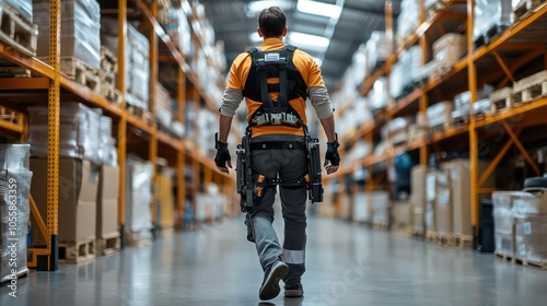 Exoskeleton suit assisting warehouse worker with heavy lifting, techaugmented physical labor photo