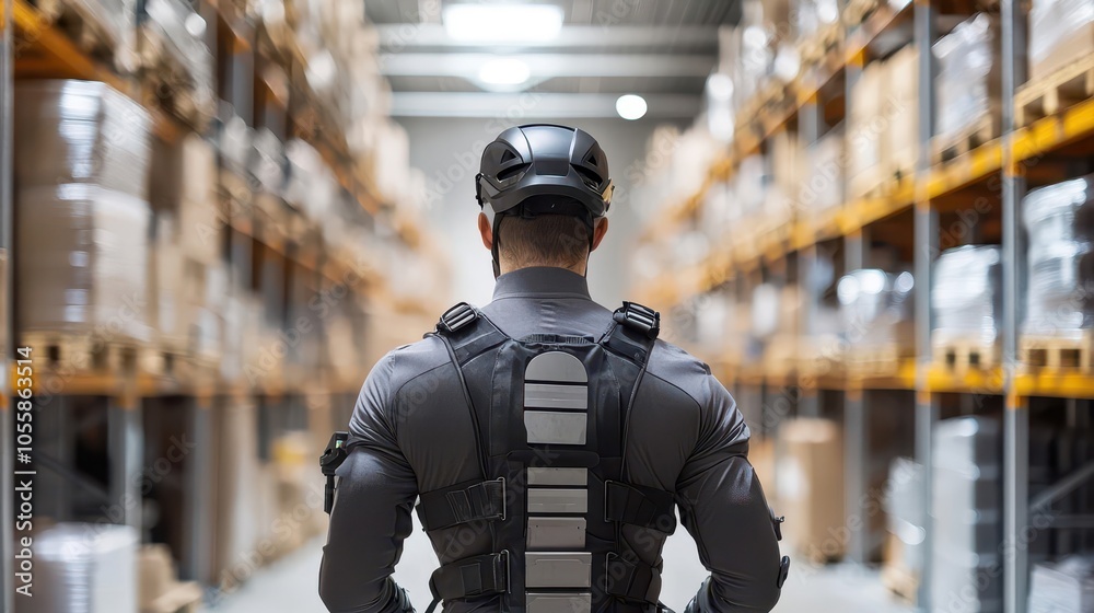 Exoskeleton suit assisting warehouse worker with heavy lifting, techaugmented physical labor Exoskeleton suit assisting warehouse worker with heavy lifting, techaugmented physical labor