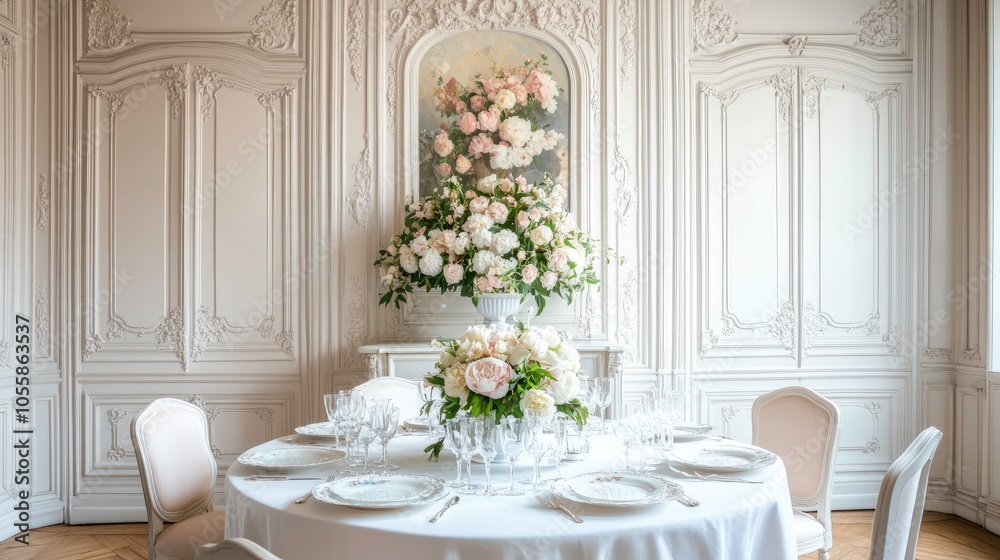 This luxurious dining room showcases a round table set with soft blush decor, surrounded by elegant chairs and a stunning floral centerpiece, creating a romantic atmosphere