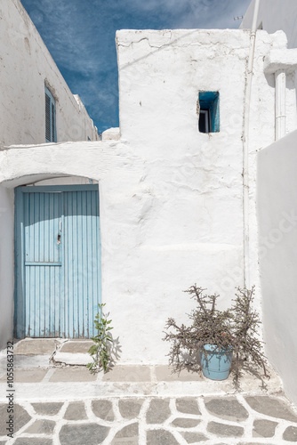 An old, weathered blue door set against a whitewashed wall in a quiet street of Paros, Greece. The rustic charm is enhanced by the small potted plant and stone-paved pathway.