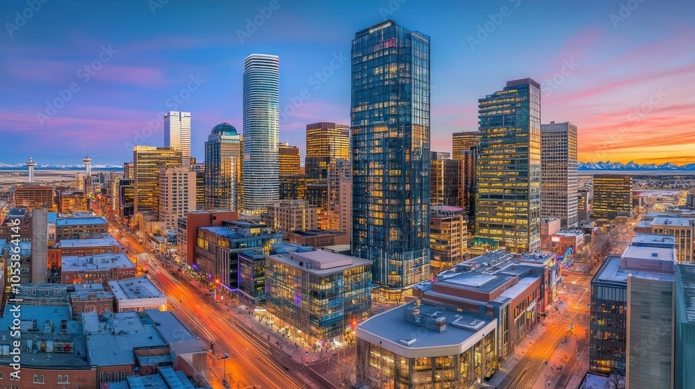 Calgary Skyline at Sunset with Illuminated Skyscrapers and City Streets Calgary Skyline at Sunset with Illuminated Skyscrapers and City Streets