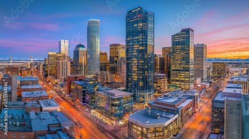 Calgary Skyline at Sunset with Illuminated Skyscrapers and City Streets