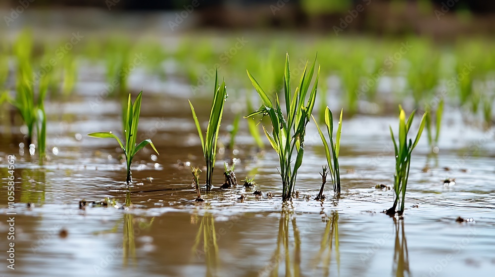 A flooded rice field, with newly planted rice seedlings growing in the water A flooded rice field, with newly planted rice seedlings growing in the water